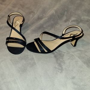 Navy blue satin sling back pumps